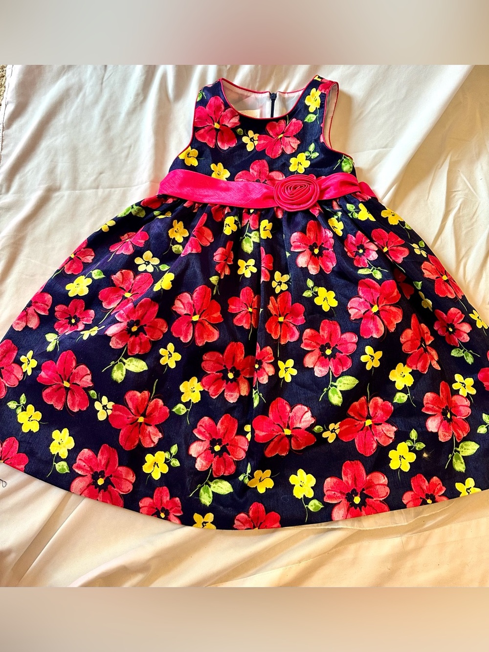 Girls Floral Sleeveless Dress with navy pink and yellow